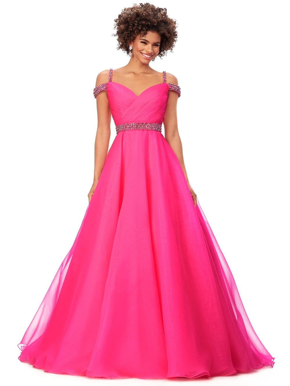 Off-Shoulder Hot Pink Prom Gown with Beaded Accents